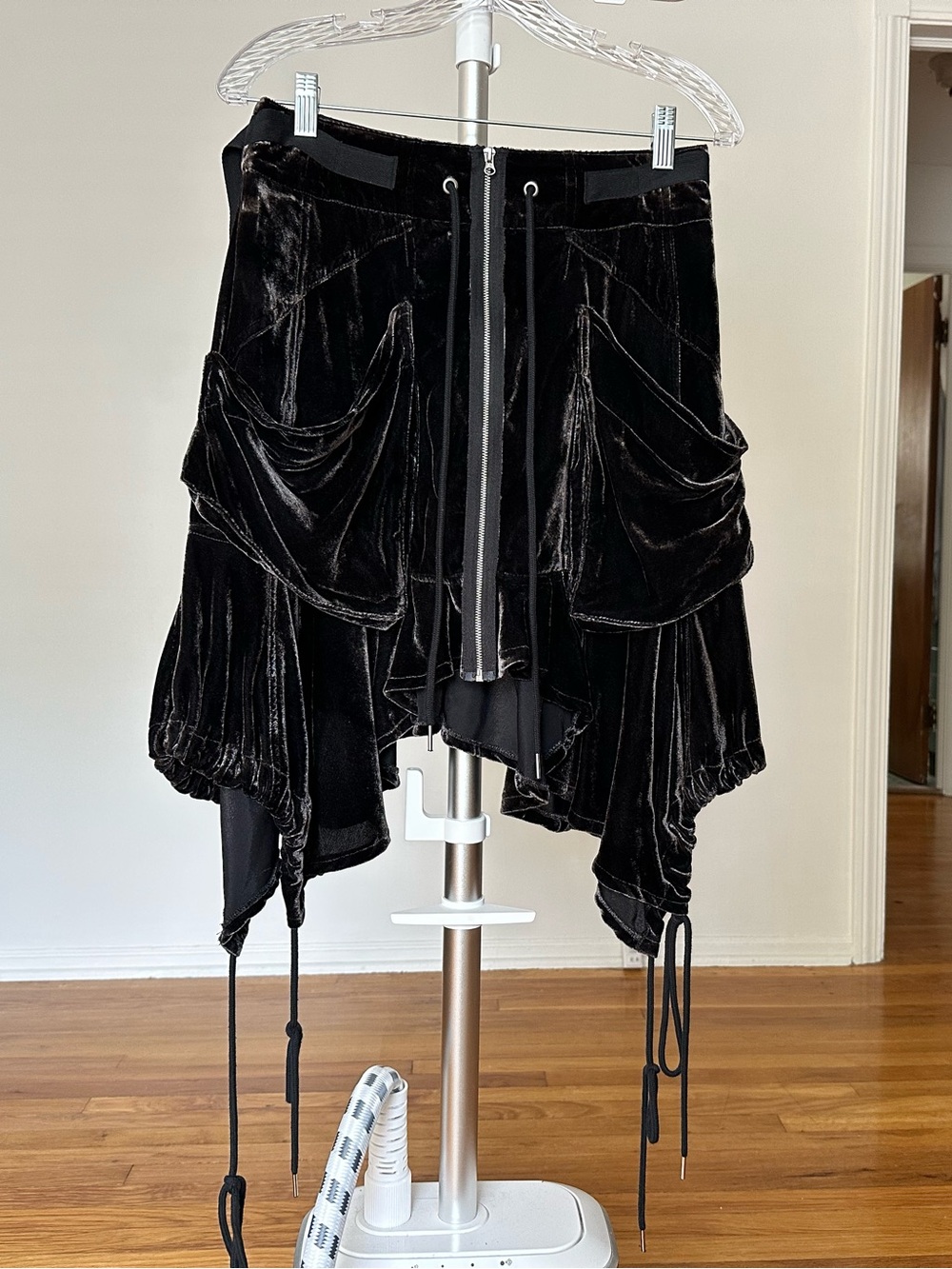 Free People Black Velvet Asymmetrical Drawstring Skirt size 4 - Picture 3 of 13
